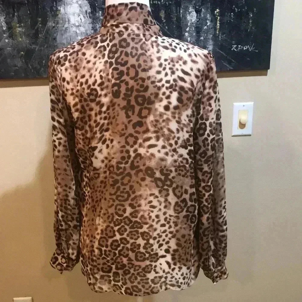 EVA MENDES Sheer Animal Long Sleeved Tie Neck Button Down Blouse-Size M - Picture 2 of 9